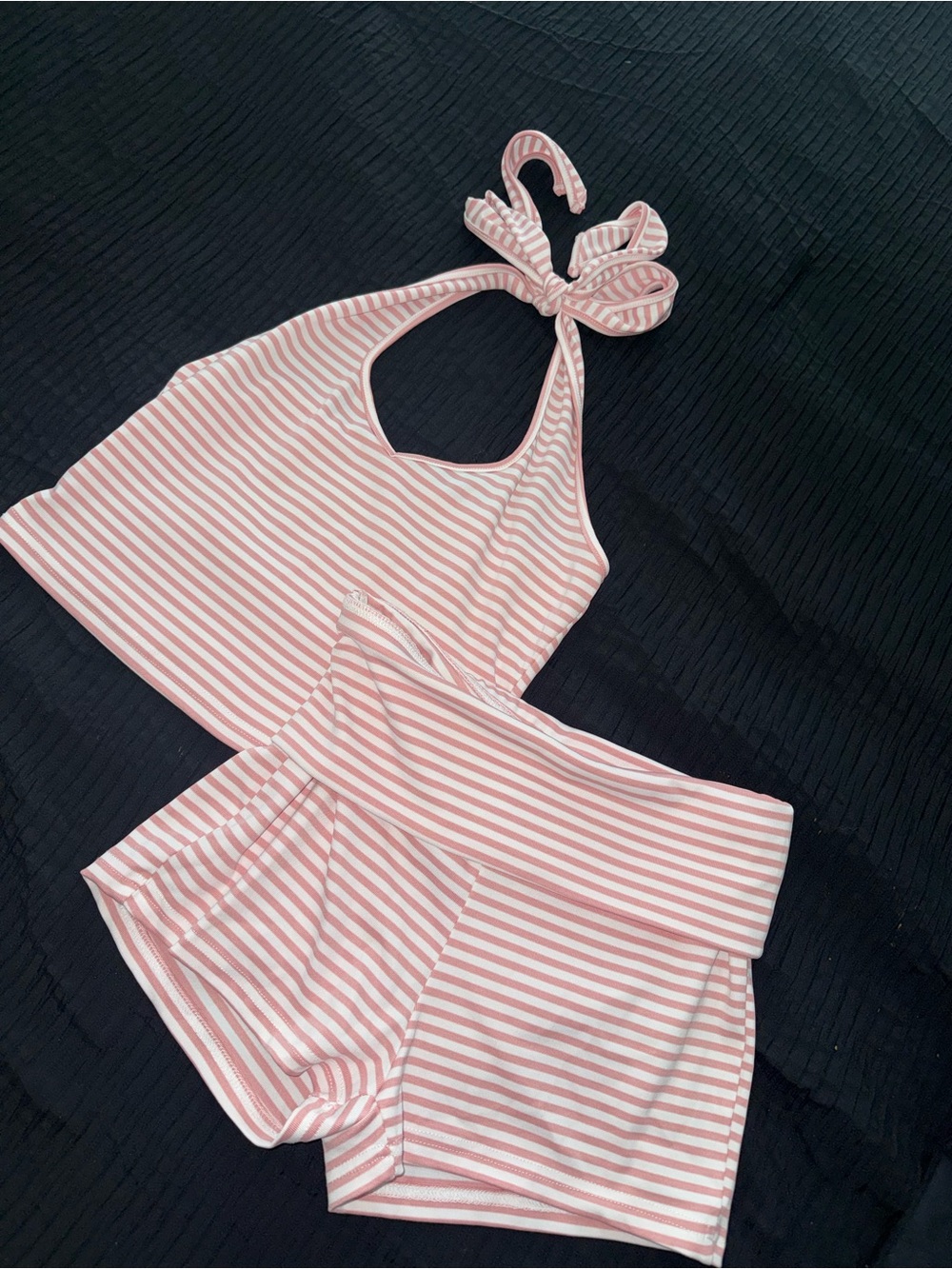 PrettyLittleThing Pink & White Striped Halter Crop Top Set